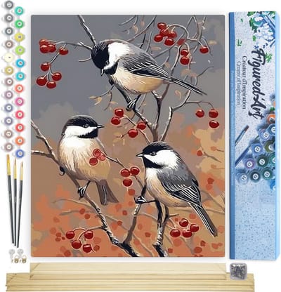Figured'Art Schilderen op Nummer Volwassenen canvas Vogels en fruitboom - Handwerk acrylverf Kit DIY Compleet - 40x50cm met DIY houten lijst