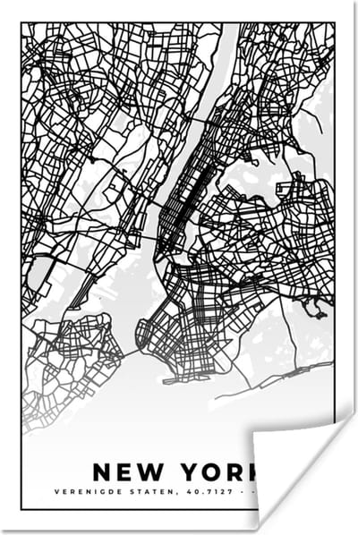 Poster New York - Stadskaart - Zwart Wit - Plattegrond - Kaart - 120x180 cm XXL