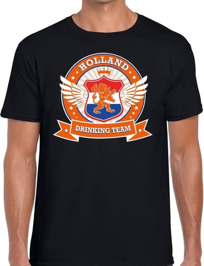 Zwart Holland drinking team t-shirt / t-shirt oranje accenten heren - Nederland/supporter kleding S