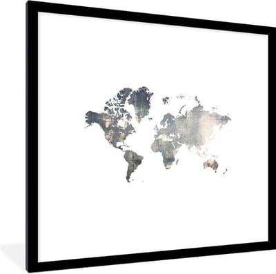 Poster in lijst - Fotolijst 40x40 cm - Posters - Wereldkaart - Blauw - Wit - Posterlijst zwart - Decoratie - Wanddecoratie woonkamer - Muurdecoratie slaapkamer
