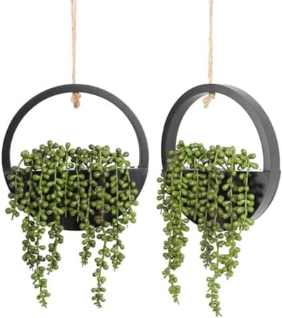 PromoHome 2 stuks kunstmatige hangplanten vetplanten nep parelsnoer 30 cm in pot met ophangkoord voor binnen en buiten decoratie zwart