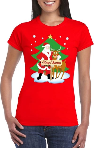 Foute Kerst t-shirt trui - kerstman en rendier Rudolf - rood - voor dames - kerstkleding S