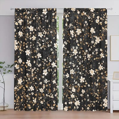 2 stuks Zwart Kleine Bloemenfragmenten Gedrukt Gordijn voor Huisdecoratie - Tunnelgordijn Raambekleding voor Slaapkamer, Kantoor, Keuken 52.5cmX116cm X 2pcs gray