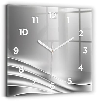 Wallfluent Wandklok - Zilveren abstractie Stijlvolle Klok - 30 cm x 30 cm - Zilver Wandklok - Witte Handen - Wandklok Met Cijfers - Wandklok Glas Woonkamer - Vierkante Glazen Klok - Industrieel Wandklok - Stijlvolle Klok