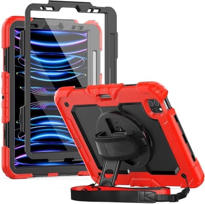 Hoes met ingebouwde Screenprotector Geschikt voor Apple iPad Pro 11 | Inclusief 360° Draaibare Handriem en Schouderriem | Extreme bescherming | Ideaal voor zakelijk gebruik | Rood