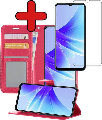 Hoesje - Met Screenprotector - Geschikt voor OPPO A17 - Luxe Pasjeshouder - Flipcase - Bookcase Portemonee - Flip Case - Kunstleer Book Case - Book Cover - Walletcase - Portemonneehoes - Telefoonhoes - Donkerroze