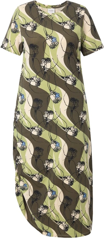 Ulla Popken - Dames - Jersey maxi-jurk ronde hals korte mouwen biologisch katoen - Kakibruin - Maat 46+