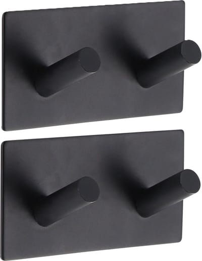Tendance Handdoek haakjes vierkant - 2x - 2 haken - 9 x 3 x 5 cm - zwart - Zelfklevende ophang haakjes - Metaal