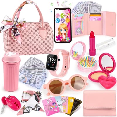 Roze 31-Delige Kinder Speelgoed Tas Set - Pretend Make-Up & Accessoires (Telefoon, Portemonnee, Horloge) - Prinses Speelgoed voor Meisjes 3-6 Jaar