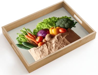 Dienblad hout 40x30 cm - Schootdienblad - Papieren - Boodschappen - Groente - Kleurrijk - Borrelplank rechthoek - Plateau dienbladen