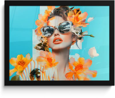 Poster in lijst - Fotolijst 40x30 cm - Posters - Bloemen - Vrouw - Zonnebril - Blauw - Posterlijst zwart - Decoratie - Wanddecoratie woonkamer - Muurdecoratie slaapkamer