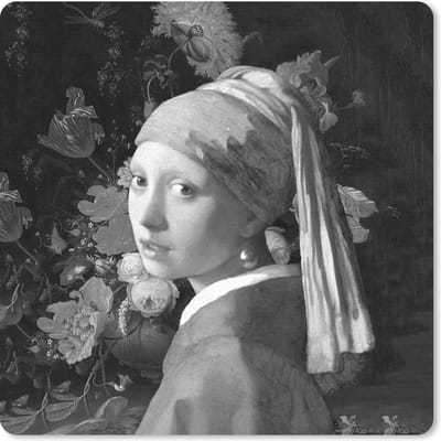 Muismat 20x20 cm - Mousepad Het meisje met de parel - Johannes Vermeer - Zwart - Wit - Muismatten