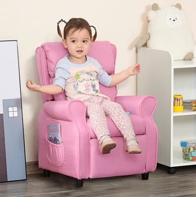 MEUNIQ kindersofa fauteuil 58 x 53 x 70 cm met verstelbare rugleuning en voetensteun, armleuningen, zachte bekleding, kinderfauteuil voor kinderkamer, roze