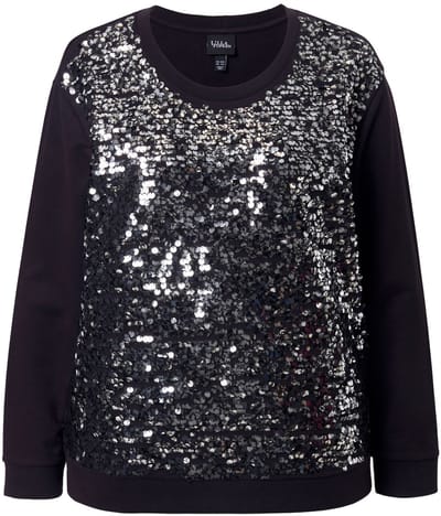 Ulla Popken - Dames - Sweatshirt pailletten oversized ronde hals lange mouwen - Zwart - Maat 42+