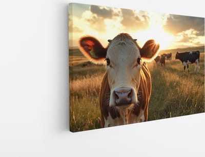 Saammp Canvas Schilderij - Koe in de wei - Landschap - Dieren - Natuur - 45x30 - Foto op canvas - Wanddecoratie - Muurdecoratie Woonkamer - Slaapkamer decoratie - Canvas Print