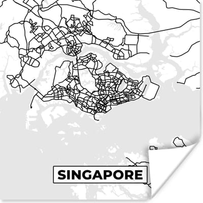 Poster Singapore - Plattegrond - Stadskaart - Zwart Wit - Kaart - 100x100 cm XXL