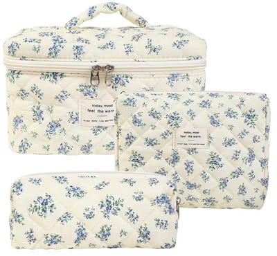 Set van 3 Make-up Tasjes Gewatteerd Bloemen Katoen – Grote Capaciteit Esthetische Cosmetische Tas & Toilettas voor Vrouwen – Reistas Organizer met Ritssluiting -Blauwe kalebas, 3-delige set [groot + middel + klein]