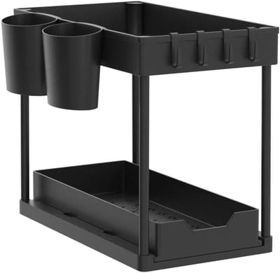 Famanu - Opbergsysteem voor onder de gootsteen met 2 niveaus, uittrekbare organizer voor onder de gootsteen, ladeplank, multifunctionele opbergplank met haken voor keuken, badkamer, wasruimte (Zwart)