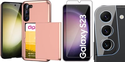 Hoesje met Pasjeshouder geschikt voor Samsung Galaxy S23 - Screenprotector GlassGuard & Camera Lens Screen Protector - Back Cover SlideCase Roségoud