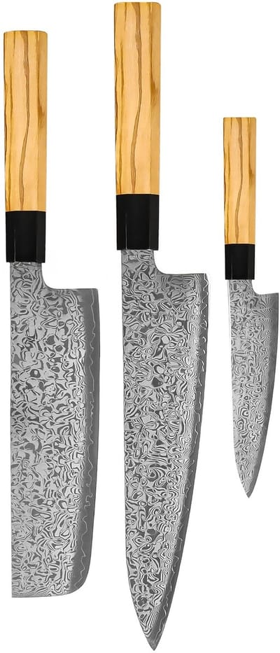 Shinrai Knives - Takumi Kaza 3-delige Damascus Messenset - Koksmes + Nakiri + Schilmes