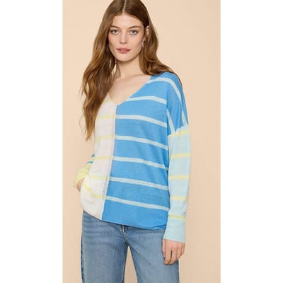 White Stuff Linen V Neck Jumper Blue Multi Size: 10 | Knitted Sweaters Outlet | Dames | Blauw