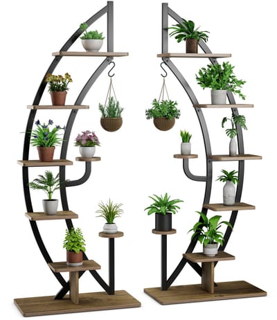COSTWAY Metalen plantenstandaard in halve maanvorm, 6 trappen, bloemenrek met 2 kleine planken en bovenste haken, ladder-plantenrek, kantelbescherming, bloempotstandaard voor tuin, woonkamer (2 stuks)