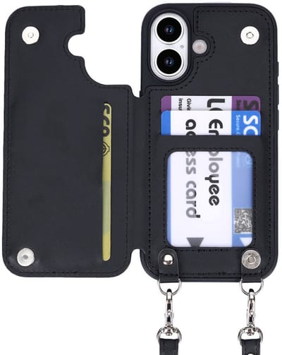 CaseBoutique Backcase hoesje geschikt voor iPhone 17 - Effen Zwart - Kunstleer - Crossbody Hoesje Koord - Pasjeshouder voor 3 passen - Ritsvakje