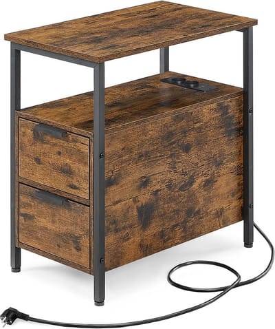 VASAGLE Bijzettafel, nachtkastje met stekkerdoos, 2 laden, salontafel, nachtkastje voor woonkamer, slaapkamer, vintage bruin-klassiek zwart LET325B01