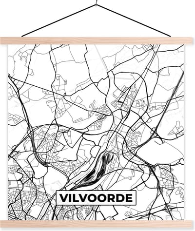 Posterhanger incl. Poster 40x40 cm - Schoolplaat - Zwart Wit – België – Plattegrond – Stadskaart – Kaart – Vilvoorde - Textielposter - Blanke latten - Stadskaart