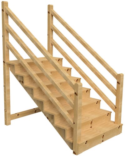 Vrijstaande buitentrap met trapleuning hout beide zijden - palen ronde kop - H 7-treden 122cm B 120cm