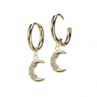 Oorbellen PVD maan hanger CZ steen 0.8x10 - goud - LMPiercings