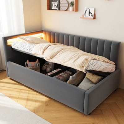 Gestoffeerd bed slaapbank - 90 x 200 cm grijs - fluweelstof - LED Verlichting - Hydraulisch opbergbed - bed met opbergruimte - voor slaapkamer