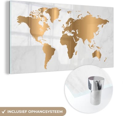 ® Glasschilderij 160x80 cm - Schilderij acrylglas - Wereldkaart - Goud - Marmerlook - Luxe - Design - Foto op glas - Muurdecoratie woonkamer - Wanddecoratie slaapkamer - Schilderijen