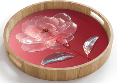 Dienblad rond 40x40 cm - Schootdienblad hout - Sierlijk - Bloem - Roze - Glazen - Borrelplank rechthoek - Plateau houten dienbladen