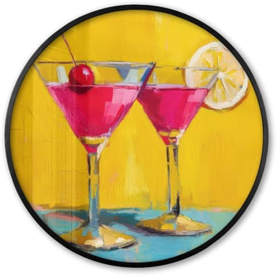 Poster in lijst Rond - Fotolijst 60x60 cm - Posters - Glazen - Cocktail - Citroen - Kers - Ronde posterlijst zwart - Decoratie - Wanddecoratie woonkamer - Muurdecoratie slaapkamer