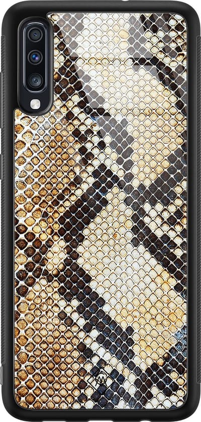 Casimoda® hoesje - Geschikt voor Samsung Galaxy A50 - Snake / Slangenprint bruin - Luxe Hard Case Zwart - Backcover telefoonhoesje - Goudkleurig