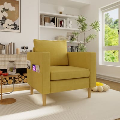 MODENUIT Fauteuil 71 x 68 x 82 cm - Met Zijvakken En Los Rugkussen - Voor Leeshoek En Woonkamer - Chenille - Mosterdgeel