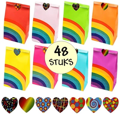 Fako Bijoux - 48 Uitdeelzakjes + Stickers - Regenboog - 12x8x22cm - Stevig Papier - Traktatie Zakjes - Papieren Zakjes - Cadeau Zakjes - 8 Verschillende Prints - Kraftpapier - 48 Stuks