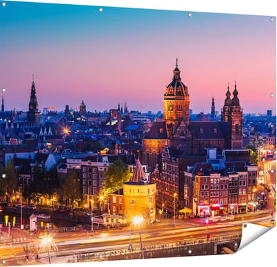 Gards Tuinposter Amsterdam Skyline bij Zonsondergang - 150x120 cm - Tuindoek - Tuindecoratie - Wanddecoratie buiten - Tuinschilderij