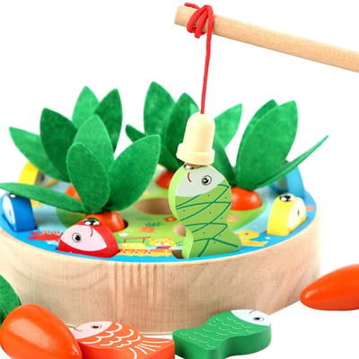 Montessori Houten Vishengel Speelgoed - Magnetisch Vissen - Kleurrijk Educatief Sorteerspel - 6 Wortels & 8 Vissen - Jongens en meisjes vanaf 3 jaar