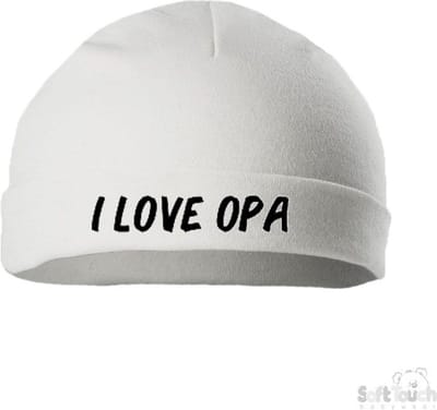 Soft Touch Mutsje Rolmutsje Bedrukt "I Love Opa" Wit/zwart Maat New Born Maat 56