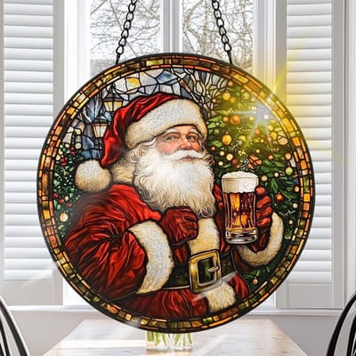 Handgemaakt kerst zonvanger van gekleurd glas voor raamdecoratie, Santa Claus ornament met haken voor tuin en huis, perfect als kerst- of verjaardagscadeau (20cm)