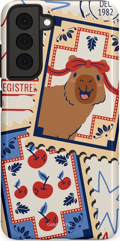 Casetastic hoesje geschikt voor Samsung Galaxy S21 FE 5G - Dubbellaagse bescherming - Kerst Capibara Post van de Noordpool - Fashion Case - Lichtgrijs Zand Terracotta