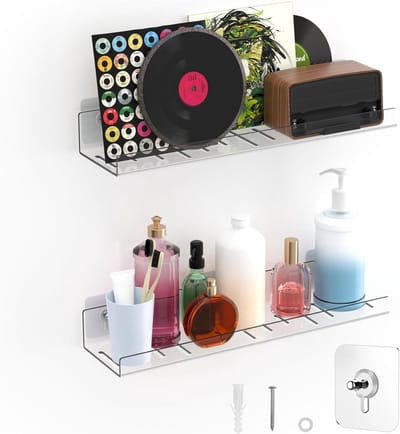 2 Packs Floating Shelves Wall Storage. 4×15 in Wall Mounted Bookshelves for Study Room, Toy and Cards Collectibles Display for Kids Room, Perfume and Cosmetics Organizer for Bathroom-Clear