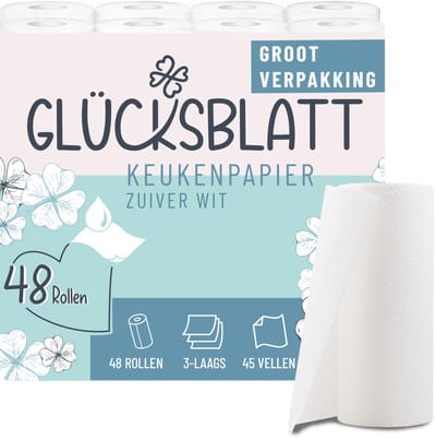 Glücksblatt Keukenpapier 3-Laags 48 Rollen x 45 Vellen - Extra Absorberend en Sterk - 100% FSC Cellulose - Zonder Geur- en Kleurstoffen - Gemaakt in Duitsland - Duurzame Verpakking