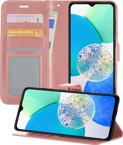 Hoesje - Met Pasjeshouder - Geschikt voor Samsung Galaxy A14 - Luxe Bookcase Portemonee - Flip Case - Kunstleer Book Case - Flipcase - Book Cover - Walletcase - Portemonneehoes - Telefoonhoesjes - Rosé goud