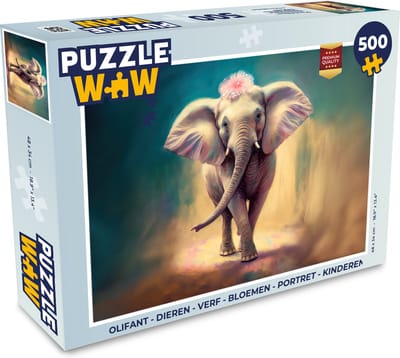 Puzzel Olifant - Dieren - Verf - Bloemen - Portret - Kinderen - Legpuzzel - Puzzel 500 stukjes