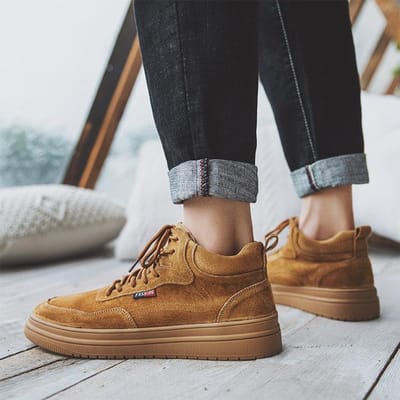 Heren Sneakers Herfst Winter Warme Koeienleer Hoge Top Herenschoenen Platform Antislip Heren Enkellaarsjes Retro Mode 44 bruin