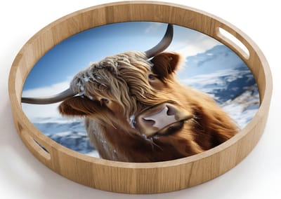 Dienblad rond 40x40 cm - Schootdienblad hout - Schotse hooglander - Bergen - Sneeuw - Borrelplank rechthoek - Plateau houten dienbladen