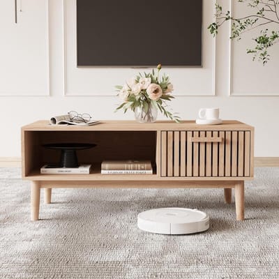 Rotan salontafel met lade en open vak, rechthoekige houten middentafel, moderne woonkamertafel, middentafel voor woonkamer, salontafel, koffietafel